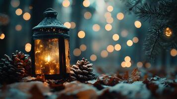 Snowy lantern and pinecones glow amidst a serene backdrop of blurred lights, evoking warmth and peaceful solitude in nature. photo
