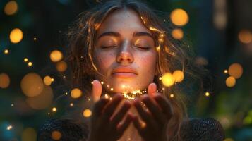 Woman holding light. A portrait of a woman with eyes closed holding glowing orbs, with more orbs surrounding her, creating a dreamy. photo