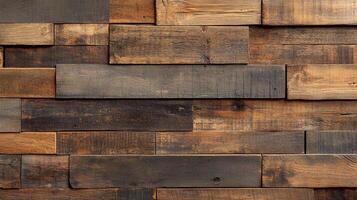 Rustic wooden planks are assembled together to create a natural, textured surface with various shades of brown and gray. photo