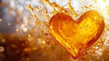 Golden liquid forming a heart shape with dynamic splashes against a shimmering bokeh background, symbolizing love and celebration. photo