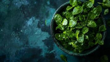 Fresh green purslane or verdolaga, a leafy vegetable and herb, displayed in a rustic dark bowl against a mottled teal blue background. photo