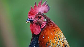 A captivating close-up of a colorful rooster with vibrant plumage, showcasing intricate feather details and a striking red crest. photo