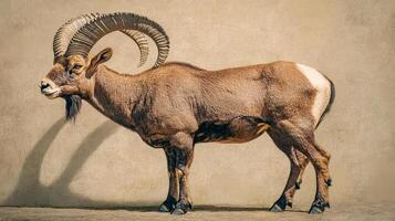Majestic Ibex. This stunning image showcases a full-bodied ibex with its impressive, curved horns, captured in profile against a plain backdrop. photo