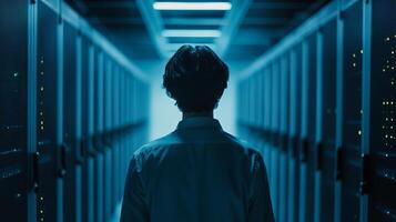 Data Center Technician. Exploring the heart of the digital age in the server room for maintenance. Behind the scenes tech infrastructure. photo