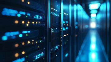 Data Center Servers. A glimpse into the heart of digital infrastructure, powerful computing, and secure data management. photo