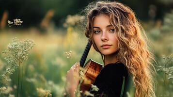 Portrait of a serene woman with a violin, standing in a meadow bathed in soft light. Her curly hair complements the natural setting. photo