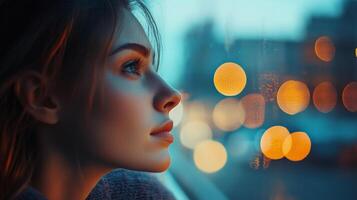 Pensive woman gazes out a window, lost in thought. The soft glow of city lights paints a serene backdrop to her reflective mood. photo