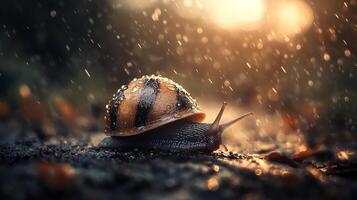 Snail moving across a path after rainfall, illuminated by a soft backlight, creating a peaceful outdoor scene. photo