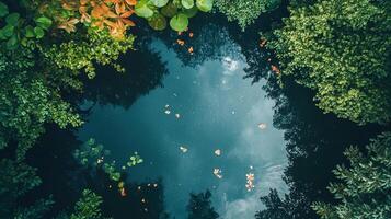 Overhead view of a serene pond reflecting the sky, surrounded by lush greenery and scattered flowers for a peaceful scenery. photo