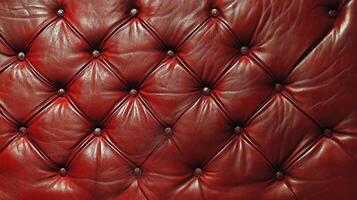 Close-up of luxurious red leather upholstery with deep button tufting, showcasing elegance and texture. A timeless design element. photo