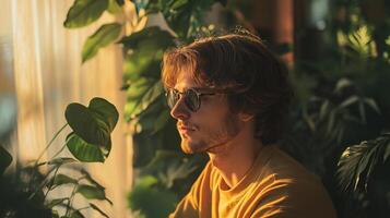 Indoor portrait of a man wearing sunglasses, surrounded by lush green plants, bathed in soft light, creating a serene and tranquil atmosphere. photo
