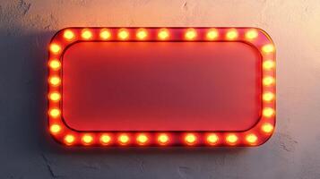 Illuminated sign. A red framed rectangle on a textured wall, outlined with glowing lights, perfect for adding text and ambiance. photo