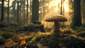 Amanita mushroom basks in sunlight amidst a forest scene, its golden cap a contrast to the lush moss and towering trees. photo
