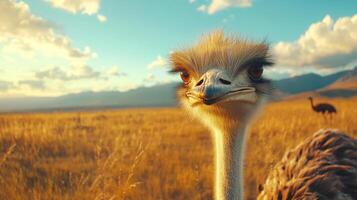 Close-up of an ostrich in a golden grassy field with mountains in the background under a blue sky with clouds. Nature's odd beauty. photo