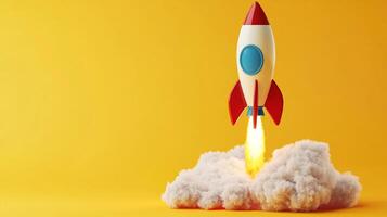 Stylized Rocket Launch. A vibrant image of a toy rocket taking off, surrounded by smoke against a bright yellow backdrop. photo