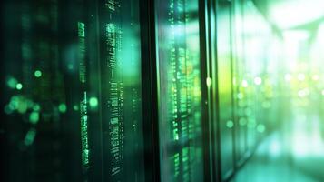 Server room. A green-toned view of a high tech data center with blinking lights and digital information on the servers. photo