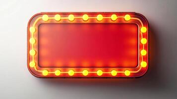 Illuminated vintage-style sign with vibrant red background and glowing yellow lights, evoking retro cinema or theater vibes. Add your message. photo