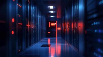 Server Room Data Center. Rows of illuminated servers in a high-tech, secure environment for data processing and storage. photo