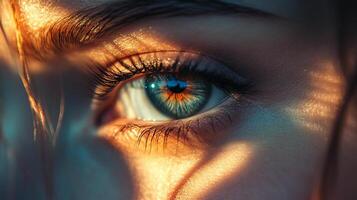 Close-up of a mesmerizing eye with intricate details and captivating colors reflecting light, revealing depth and captivating gaze of the iris. photo