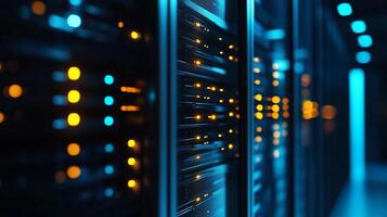 Server room. a close-up of server racks with glowing orange and blue LED lights displaying data traffic and network activity. photo