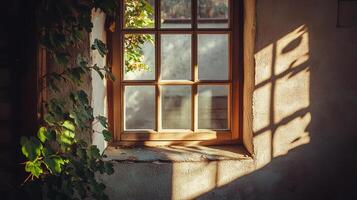Rustic Window View. Capturing sunlight through an old window, framed by climbing vines, creating a warm, serene ambiance. photo