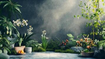 Indoor garden scene with lush plants and flowers against a dark, moody background, creating a tranquil and natural setting. photo