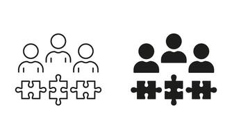 Partnership Success, Team Building, Unity Line and Silhouette Icon Set. Teamwork and Collaboration, Puzzle Together Icon. Business Community Sign. Editable Stroke. Isolated Illustration vector