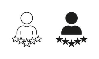 Best Feedback for Business Service. Customer Satisfaction Pictogram. Person with Stars Line and Silhouette Icon Set. Success Review, User Rating Symbol. Editable Stroke. Isolated Illustration vector