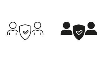 Security for Users Team Line and Silhouette Icon Set. Human Data Protection, Shield Protect Group Of People Pictogram. Safety in Business Symbol. Editable Stroke. Isolated Illustration vector