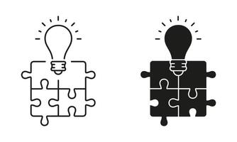 Jigsaw with Light Bulb Sign. Puzzle and Lightbulb, Creative Solution Concept. Business Innovation, Problem Solving Line and Silhouette Icon Set. Editable Stroke. Isolated Illustration vector