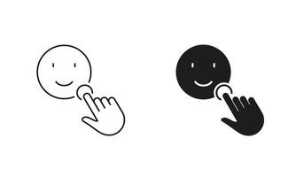 Pointer Click On A Happy Face Emoticon Pictogram. Positive Feedback Line and Silhouette Icon Set. Social Media App Good Review Symbol. Editable Stroke. Isolated Illustration vector