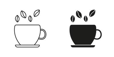 Cup with Coffee Beans Line and Silhouette Icon Set. Hot Drink in Cup Symbol. Editable Stroke. Isolated Illustration vector