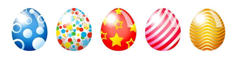 Set of 3D decorative Easter eggs. Celebrating elements. Graphic template. Clip art collection. Five colorful easter eggs with different abstract patterns and decorations. Creative artistic concept. vector