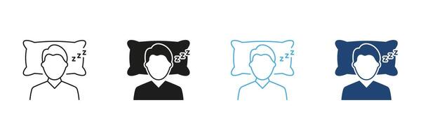 Man Sleeping On Pillow Line and Silhouette Icon Set Indicating Sleep Hygiene And Bedtime Routine. Health And Rest Outline and Solid Symbol. Editable Stroke. Isolated Illustration vector
