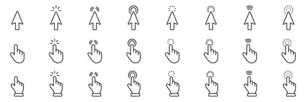 Cursor and hand gesture line icon set. Pointer and click action outline symbol collection. Editable stroke. Isolated illustration vector