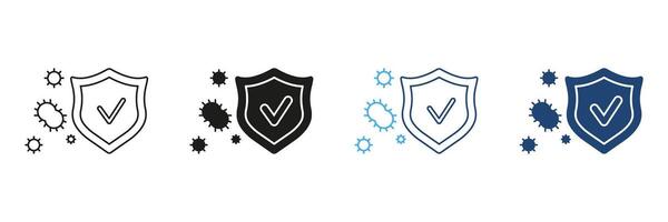 Protection from Virus and Health Safety Line and Silhouette Icon Set. Shield with Check Mark and Virus Particles. Immune Defense and Health Protection. Isolated Illustration vector