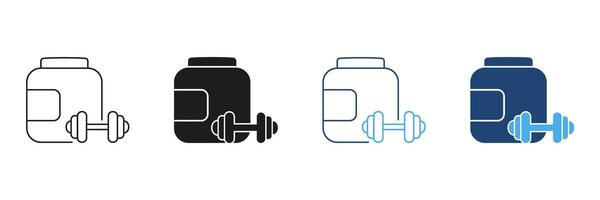 Protein Powder Container And Dumbbell Line and Silhouette Icon Set. Bodybuilding, Muscle Building, Fitness Supplement Outline and Solid Symbol. Editable Stroke. Isolated Illustration vector