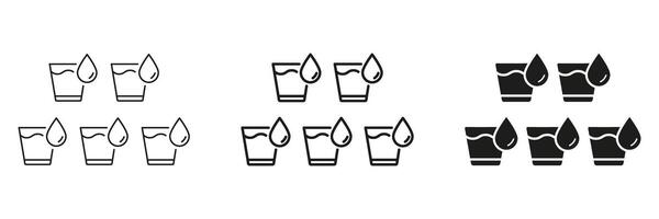 Hydration And Drinking Water Regularly Line and Silhouette Icon Set. Five Glasses Of Water With Droplets. Editable Stroke. Isolated Illustration vector