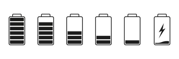 Battery Level Indicator Solid Icon Set. Charging And Energy Status Silhouette Symbol Collection. Isolated Illustration vector