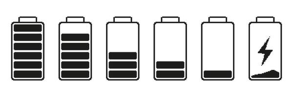 Battery Charge Levels Pixelated Icon Set. Pixel Art Symbol Collection Of Battery Charging Stages Icons. Isolated Illustration vector