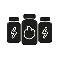 Supplement bottles with energy and fire symbols solid icon. Energy boost and metabolism enhancement with supplements silhouette symbol. Isolated illustration vector
