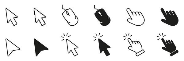 Arrow Cursor And Click Hand Line And Solid Icon Set. Pointing Device Symbols And Mouse Click Gesture Symbol Collection. Isolated Illustration vector