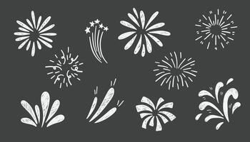 Set of hand drawn fireworks. illustration. Isolated on grey background. vector