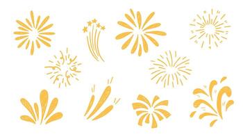 Set fireworks doodle line explosion radial sparkler with rays, hand drawn firecrackers simple and round decoration isolated on white background. vector