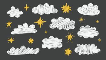 Set of hand drawn doodle clouds and stars. Various pencil childish icons, weather elements. vector