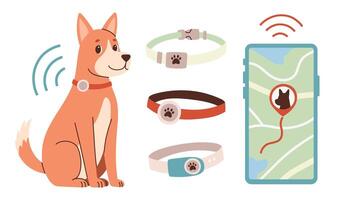 Pet GPS tracker. GPS tracking for a walking dog. A smartphone with a map shows the movement of pets. A pet tracking app. flat illustration on white background. vector