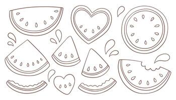 Whimsy watermelon set. Line art illustration with various stylized watermelon slices and shapes. Collection of different watermelon forms, including semi-circles, triangles, and heart shapes. vector