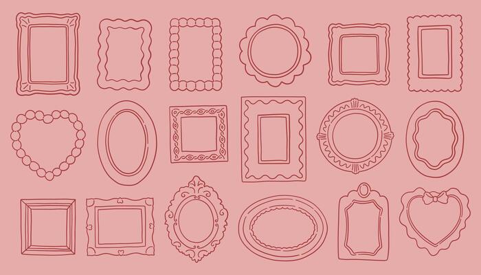 Whimsy picture frame set. Collection of various picture frame designs on a pink background. Outline in red color, different styles and sizes