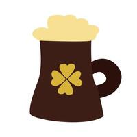 flat design of a beer mug with frothy top and four-leaf clover, perfect for St. Patrick s Day celebrations vector