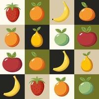 Colorful illustration of various fruits arranged in a grid pattern on a neutral background vector